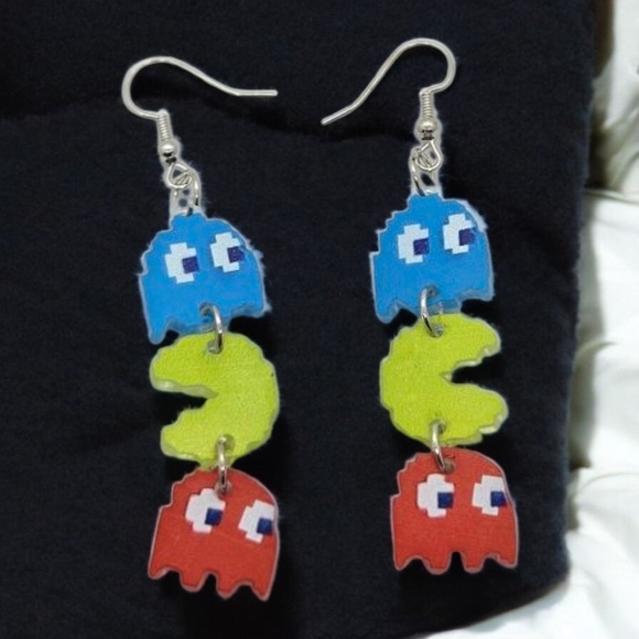 Pac-Man Arcade Game Earrings Retro Ghost Acrylic Dangle Pierced Fish Hook Gamer - Picture 5 of 5